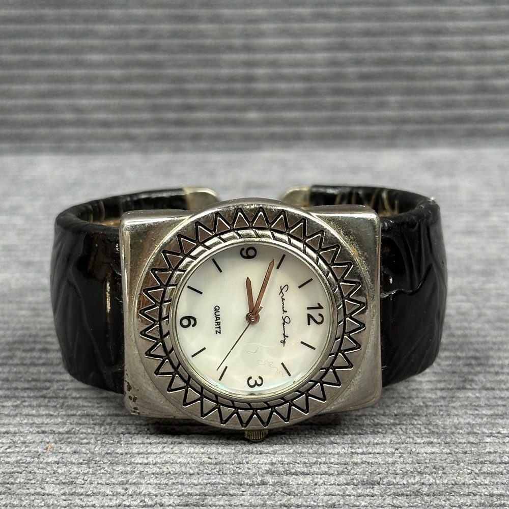 Sarah Coventry Black Embossed Cuff Watch Silver Tone Square 25548 Japan Movt vtg